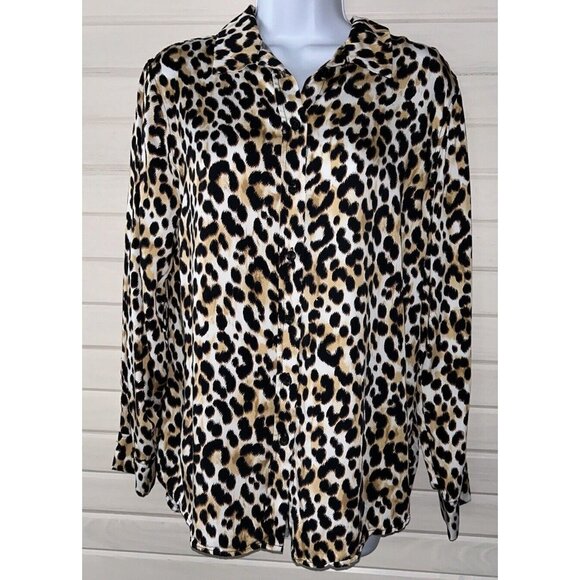 Chicos Sz 1 (MEDIUM) Sandwash Satin Leopard Tunic Top Button Up Modal EUC - Picture 4 of 12